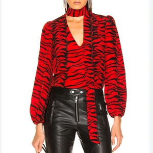 Rixo Moss Blouse Long Sleeve Shirt V-Neck Animal Print Tie Bow Silk Red Medium